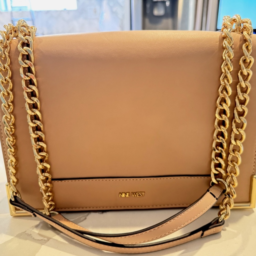Nine West Nude Bag with Gold Chain Hardware Strap, Plenty of Storage